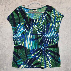 Worthington Blouse Womens 2X Bold Colorful Tropical Leaf Pleats Top casual flowy